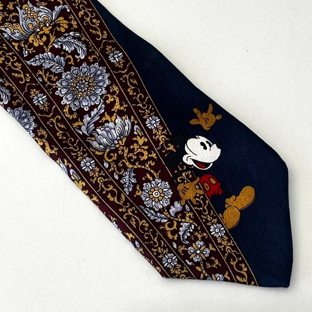 Disney Mickey Mouse 100% Pure Silk Italian Navy Blue Baroque Floral Necktie 59"